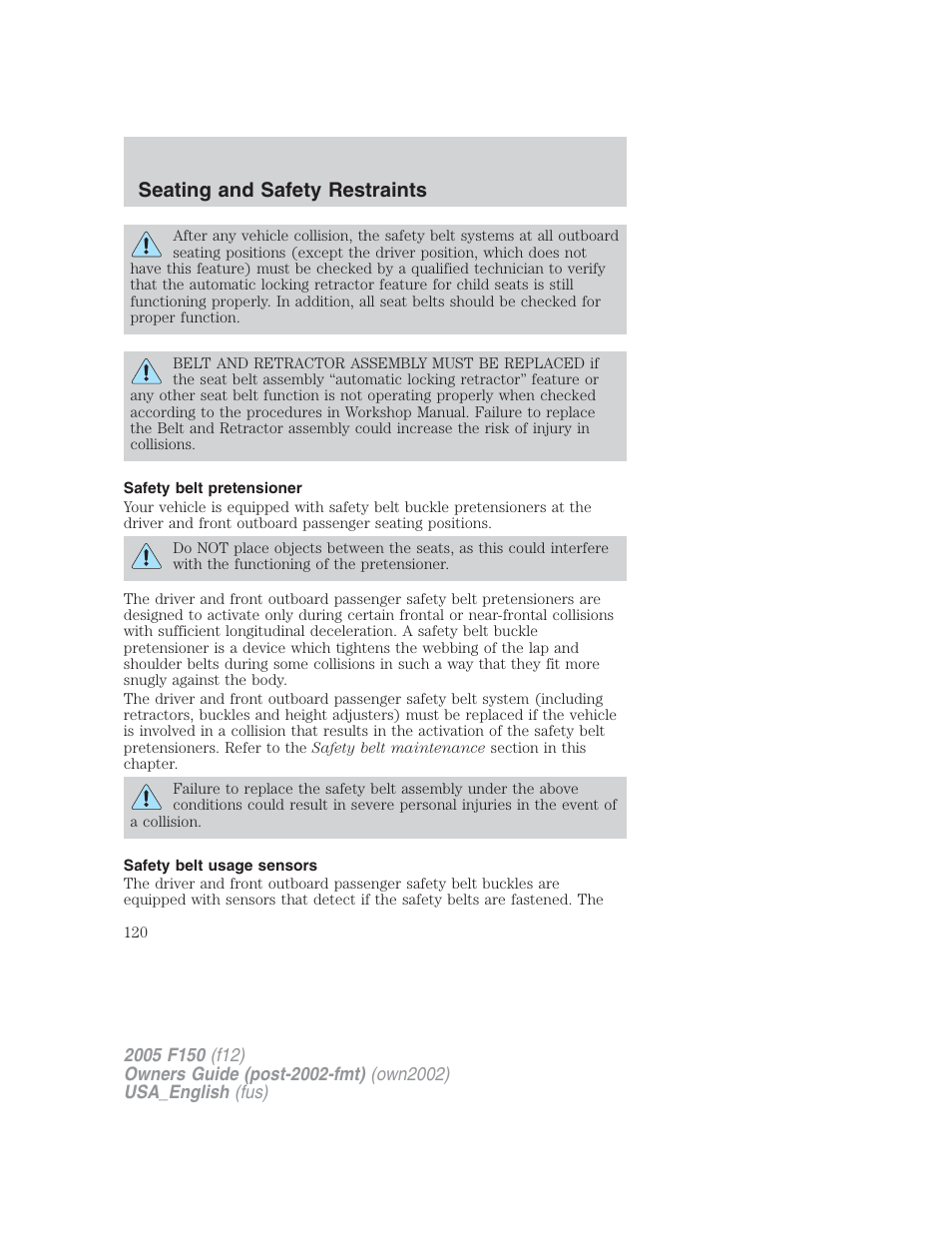 Seating and safety restraints | FORD 2005 F-150 v.2 User Manual | Page 120 / 312