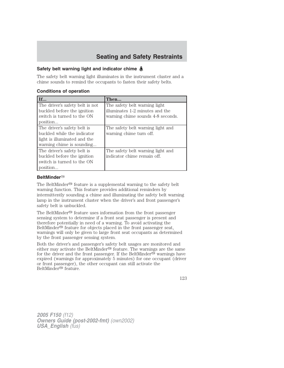 Seating and safety restraints | FORD 2005 F-150 v.2 User Manual | Page 123 / 312