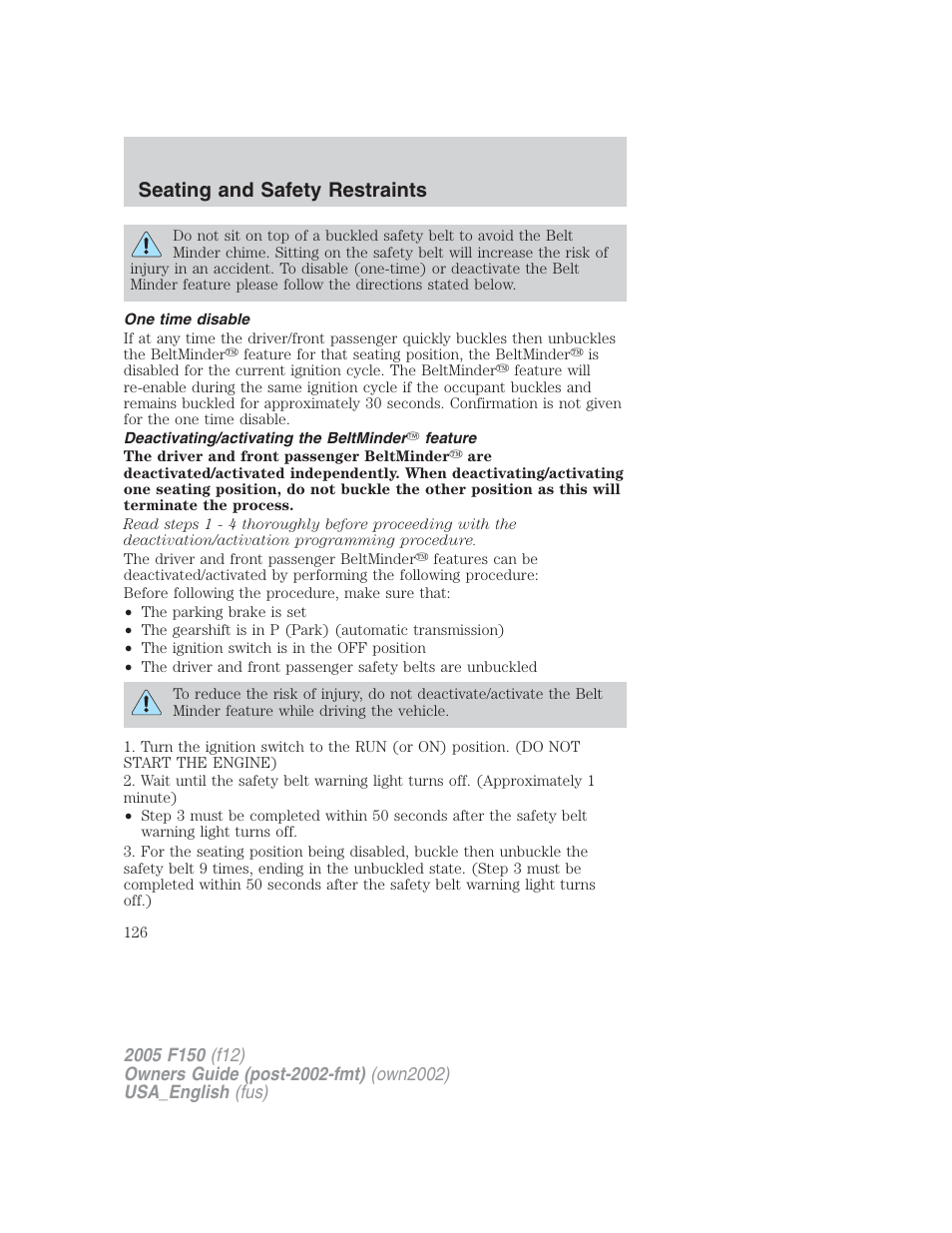 Seating and safety restraints | FORD 2005 F-150 v.2 User Manual | Page 126 / 312