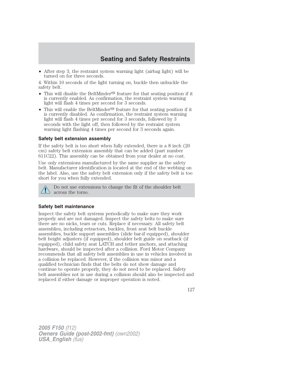 Seating and safety restraints | FORD 2005 F-150 v.2 User Manual | Page 127 / 312