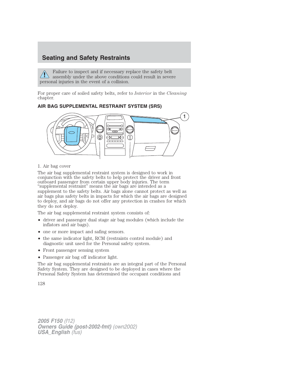 Seating and safety restraints | FORD 2005 F-150 v.2 User Manual | Page 128 / 312