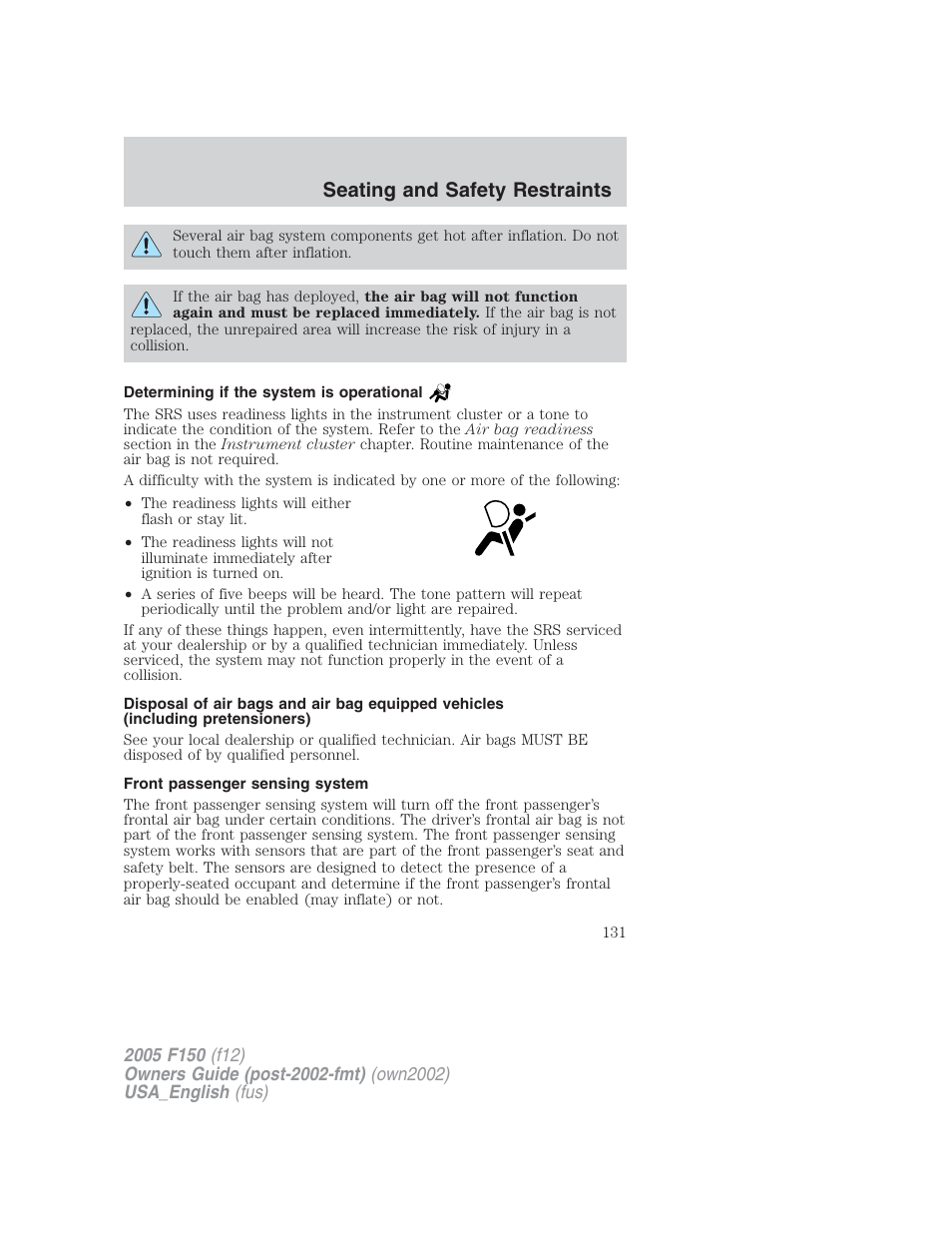 Seating and safety restraints | FORD 2005 F-150 v.2 User Manual | Page 131 / 312