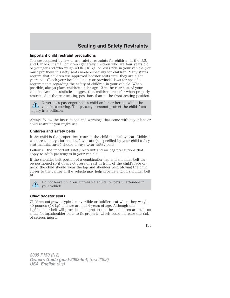 Seating and safety restraints | FORD 2005 F-150 v.2 User Manual | Page 135 / 312