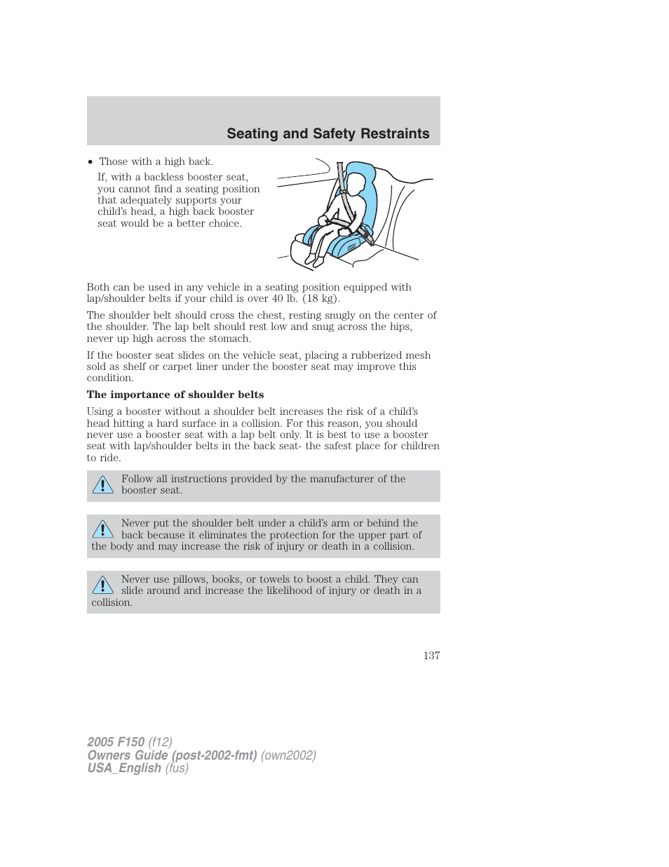 Seating and safety restraints | FORD 2005 F-150 v.2 User Manual | Page 137 / 312