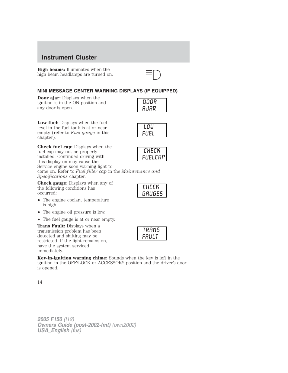 Instrument cluster | FORD 2005 F-150 v.2 User Manual | Page 14 / 312