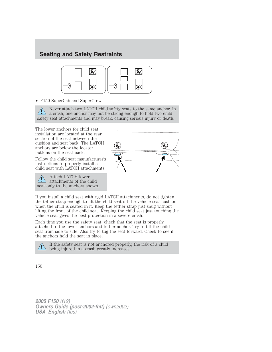 Seating and safety restraints | FORD 2005 F-150 v.2 User Manual | Page 150 / 312