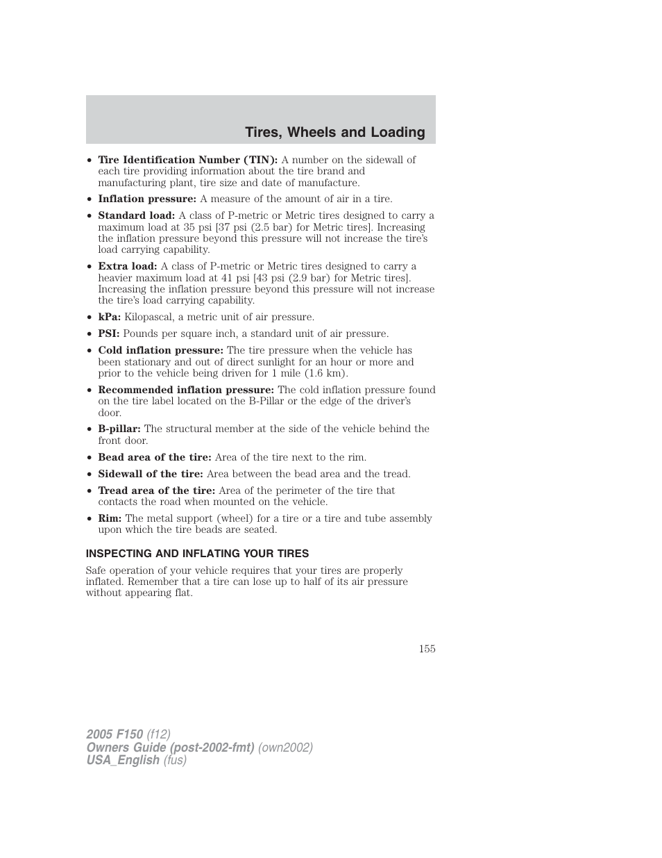 Tires, wheels and loading | FORD 2005 F-150 v.2 User Manual | Page 155 / 312