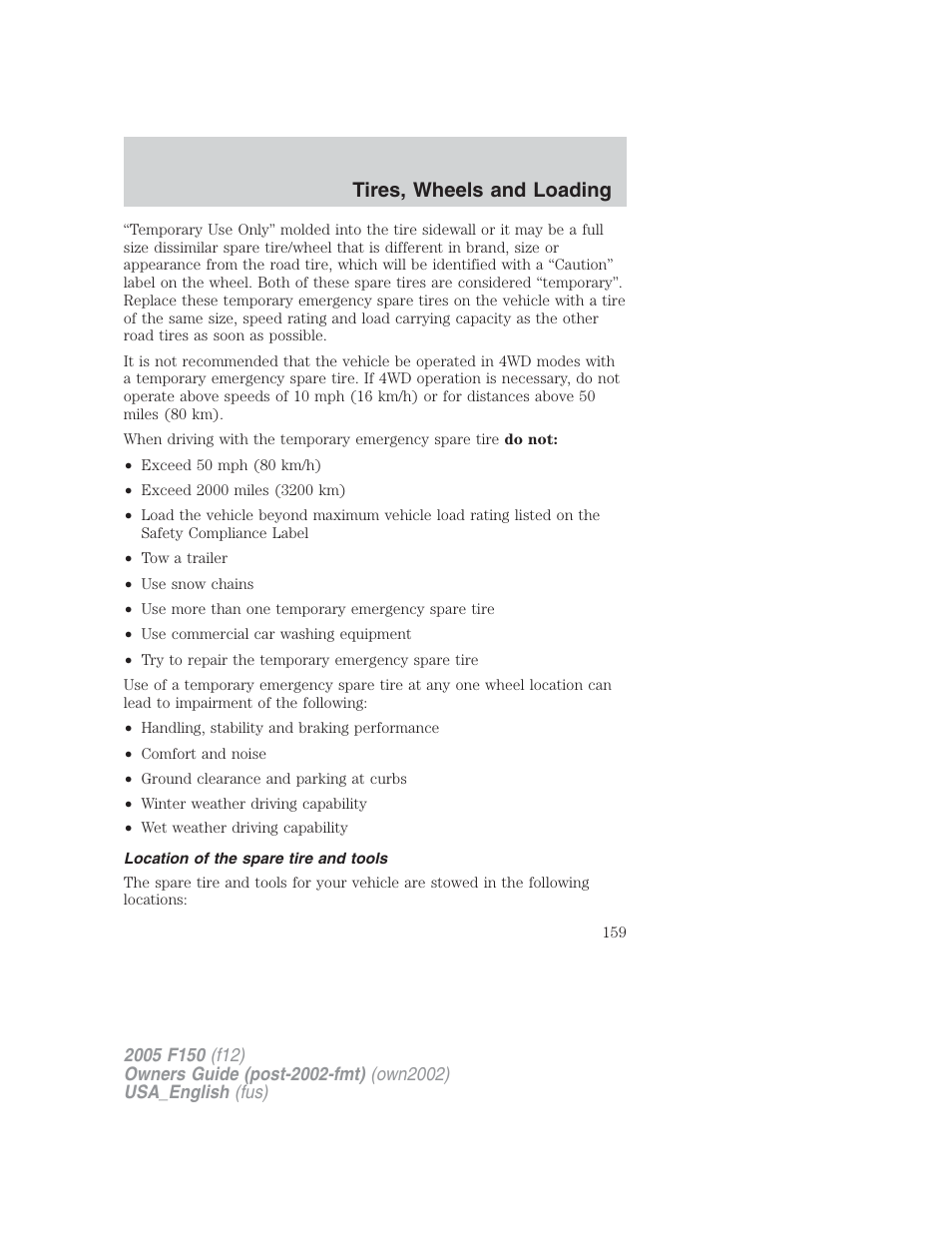 Tires, wheels and loading | FORD 2005 F-150 v.2 User Manual | Page 159 / 312