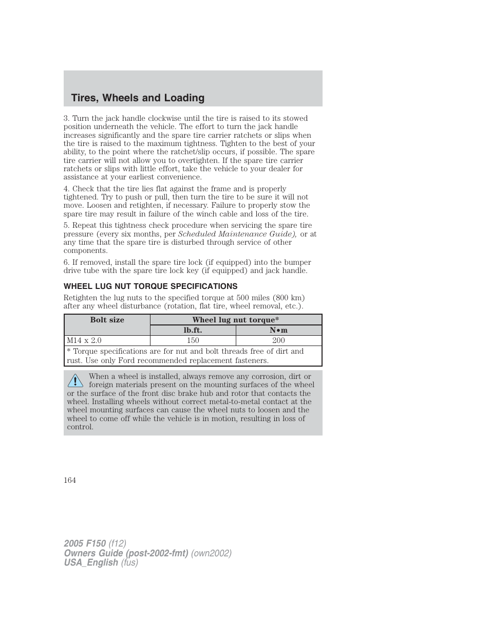 Tires, wheels and loading | FORD 2005 F-150 v.2 User Manual | Page 164 / 312