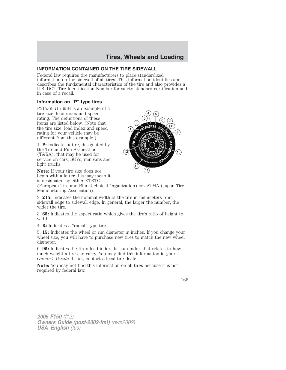 Tires, wheels and loading | FORD 2005 F-150 v.2 User Manual | Page 165 / 312