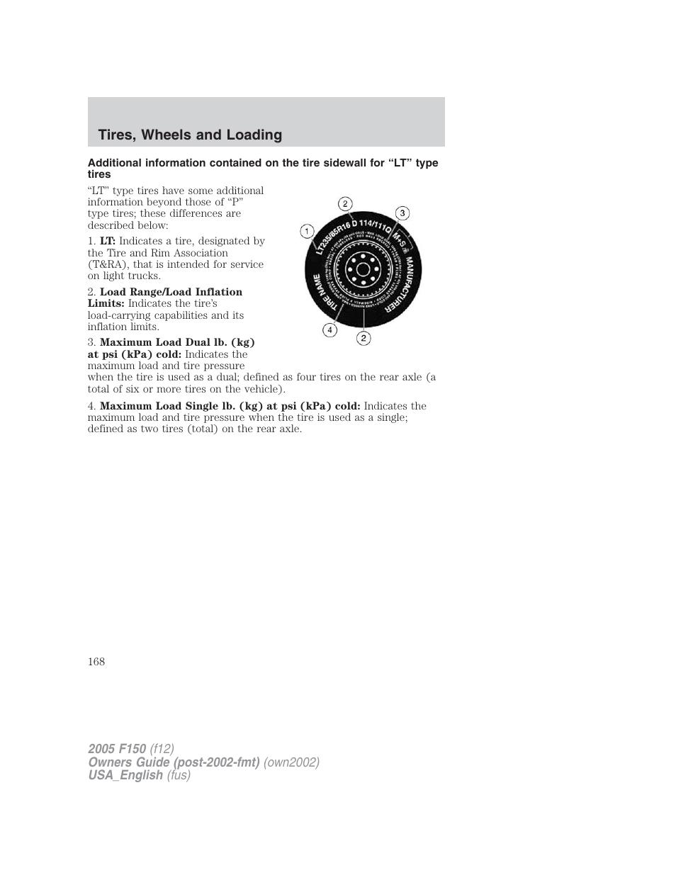 Tires, wheels and loading | FORD 2005 F-150 v.2 User Manual | Page 168 / 312