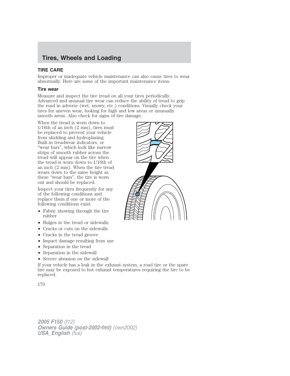 Tires, wheels and loading | FORD 2005 F-150 v.2 User Manual | Page 170 / 312