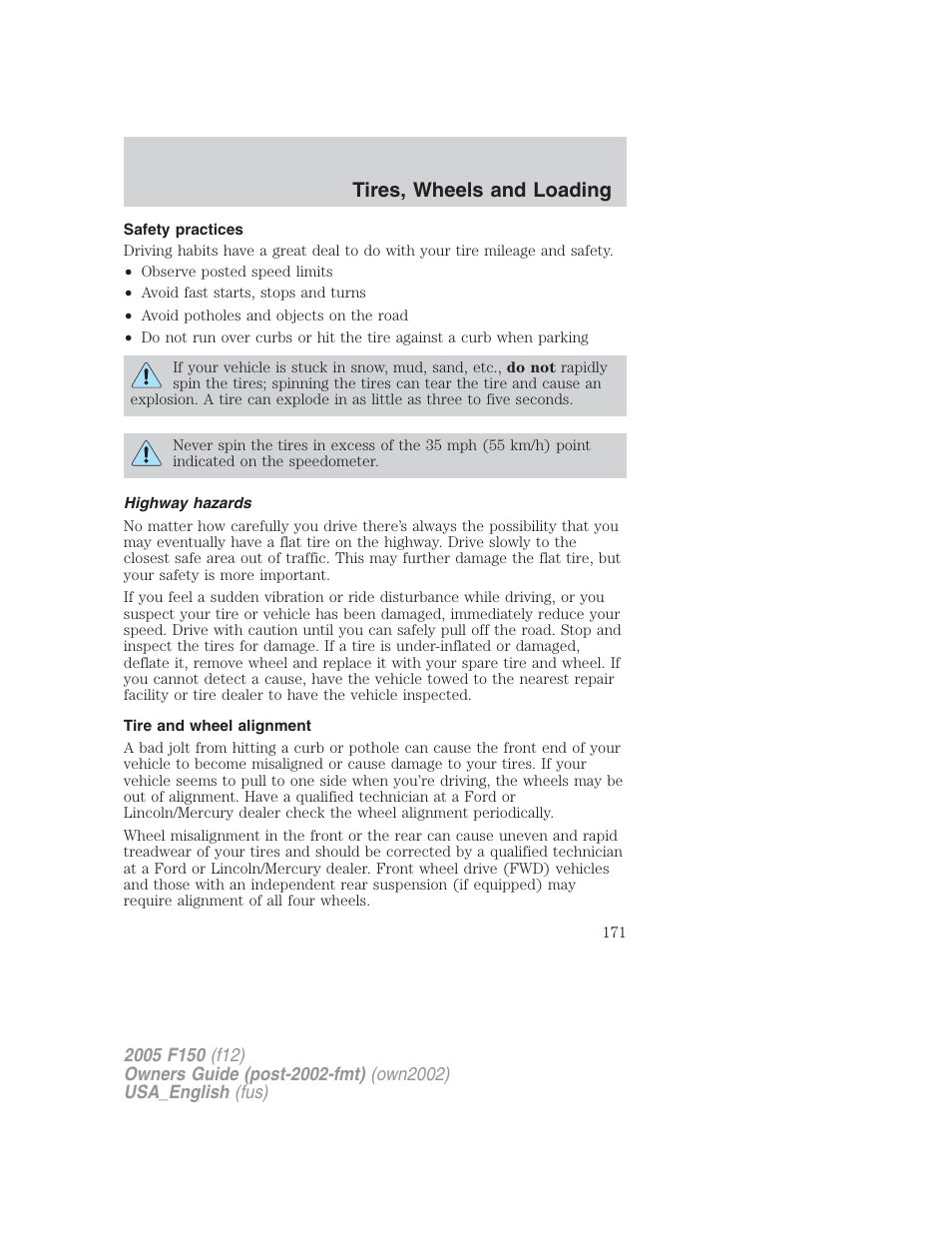 Tires, wheels and loading | FORD 2005 F-150 v.2 User Manual | Page 171 / 312