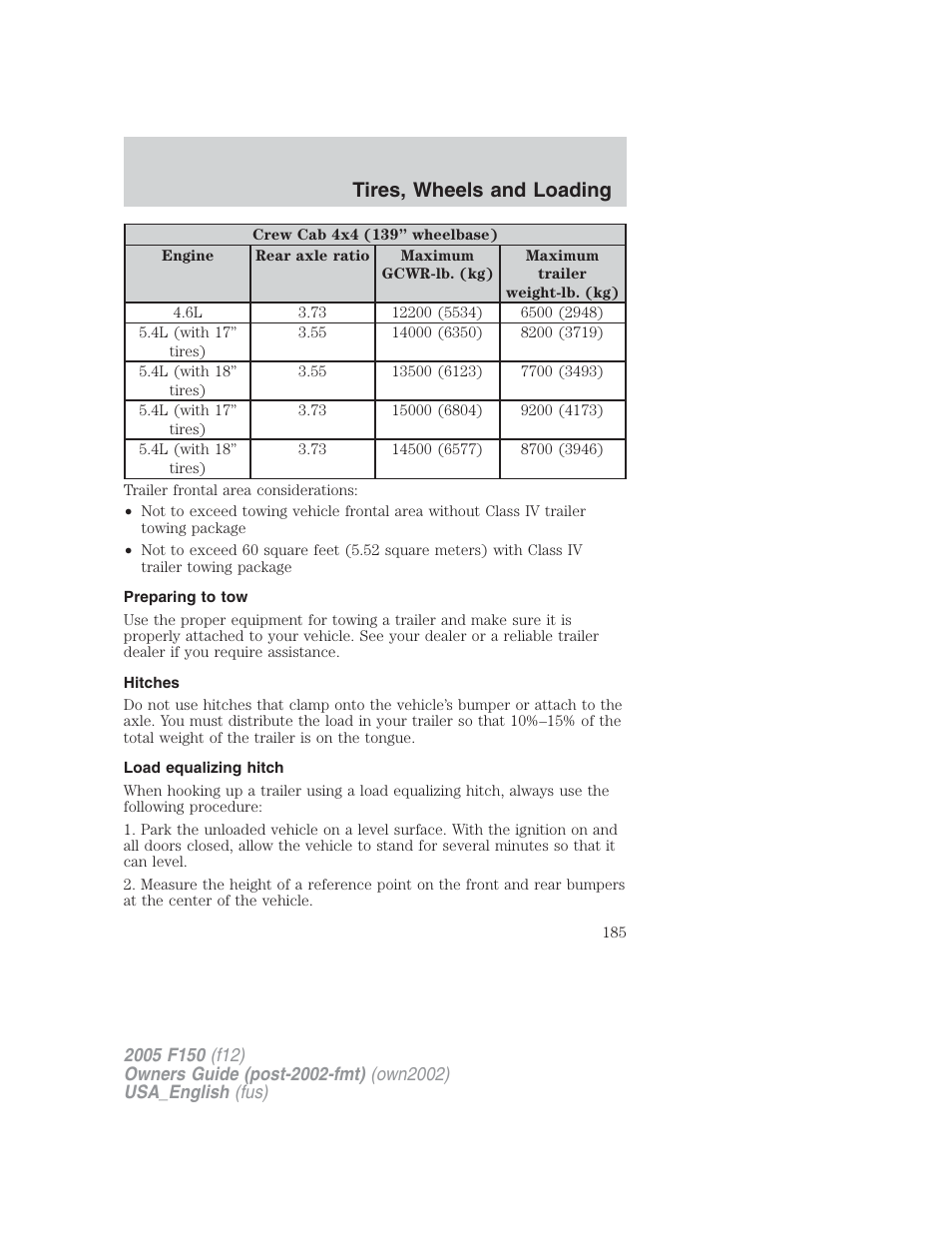 Tires, wheels and loading | FORD 2005 F-150 v.2 User Manual | Page 185 / 312