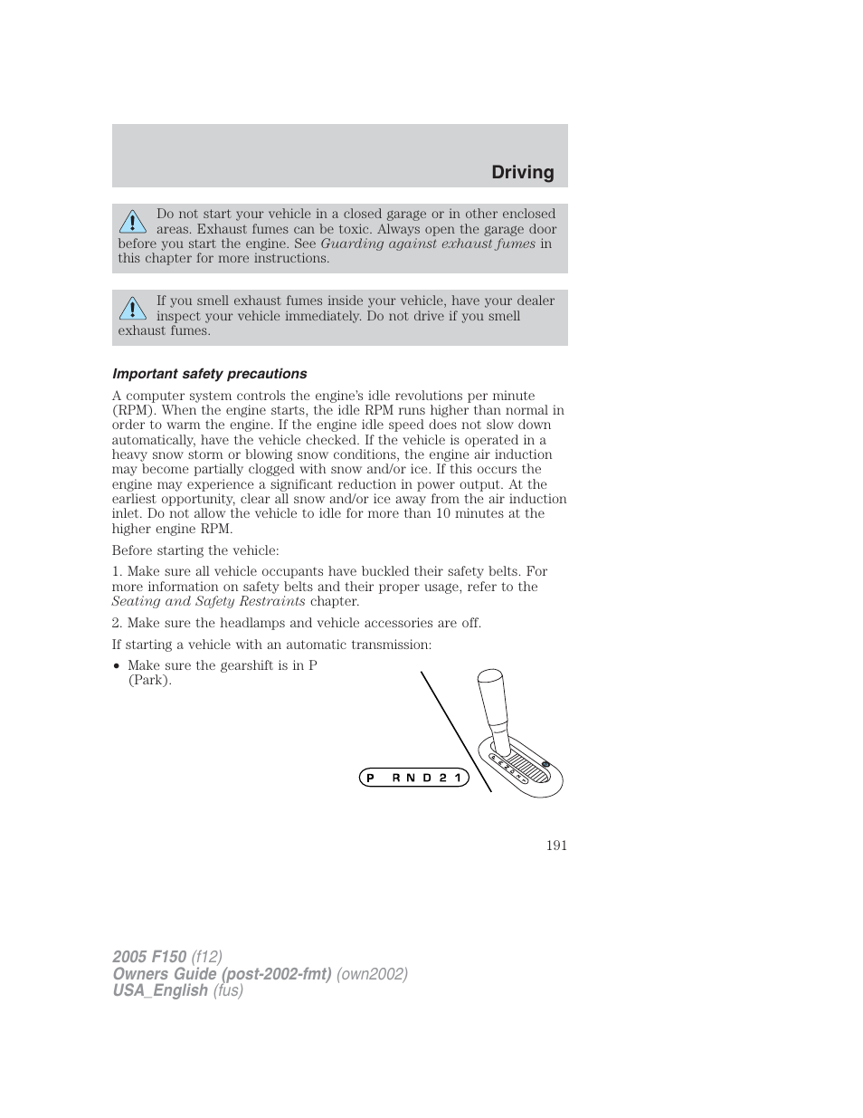 Driving | FORD 2005 F-150 v.2 User Manual | Page 191 / 312