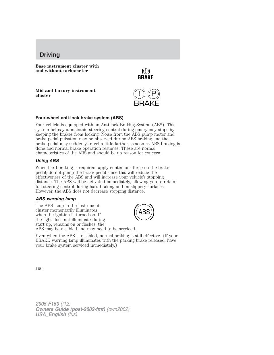P! brake abs | FORD 2005 F-150 v.2 User Manual | Page 196 / 312