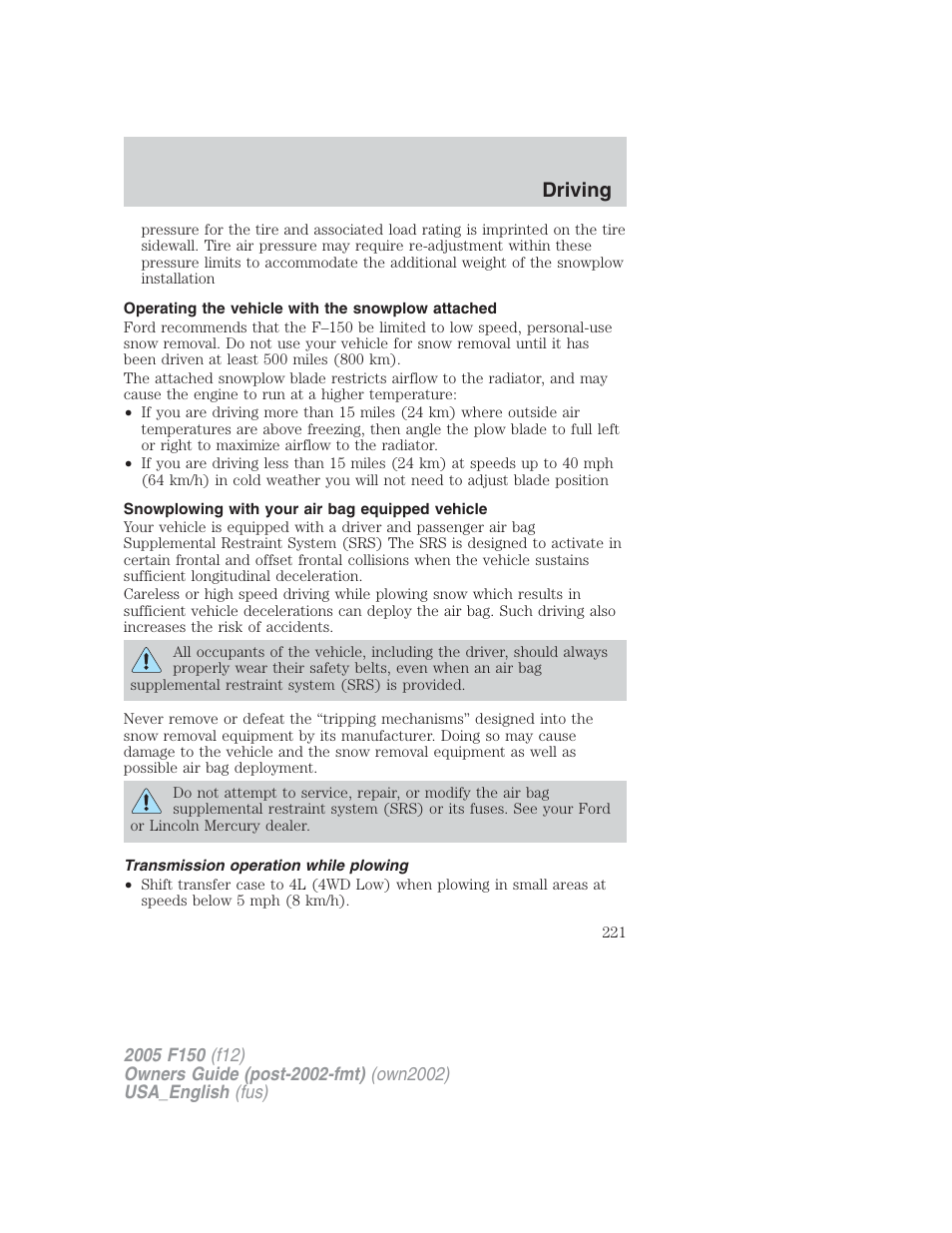 Driving | FORD 2005 F-150 v.2 User Manual | Page 221 / 312