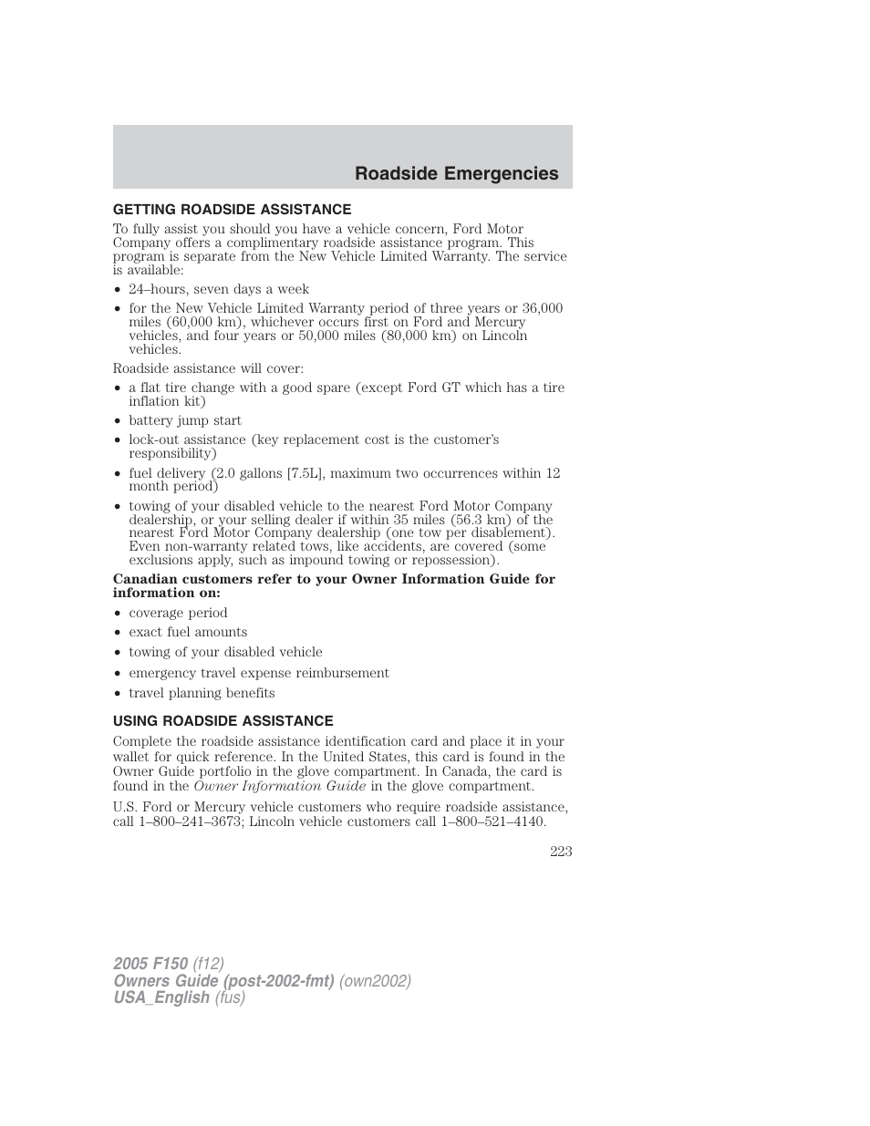 Roadside emergencies | FORD 2005 F-150 v.2 User Manual | Page 223 / 312