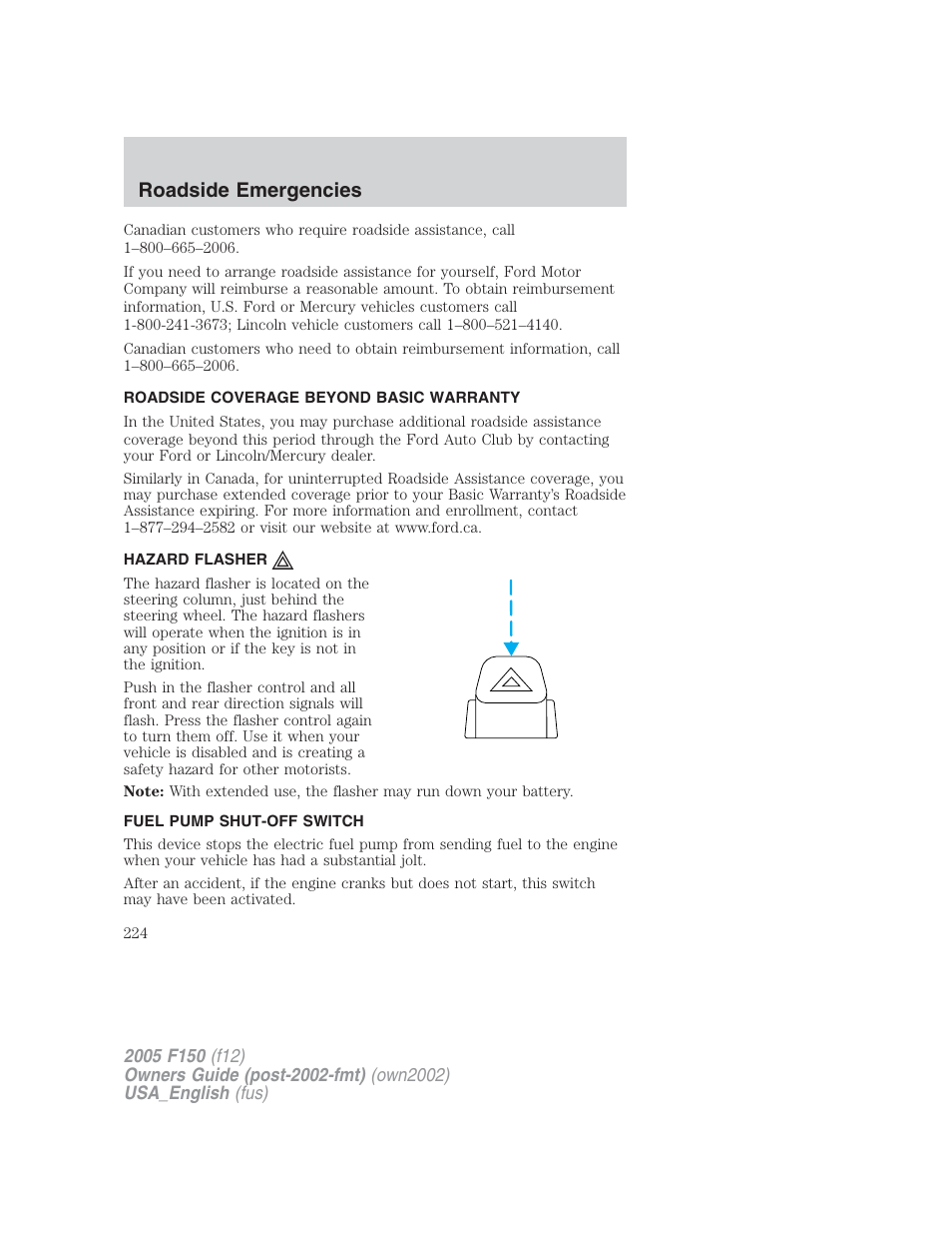 Roadside emergencies | FORD 2005 F-150 v.2 User Manual | Page 224 / 312