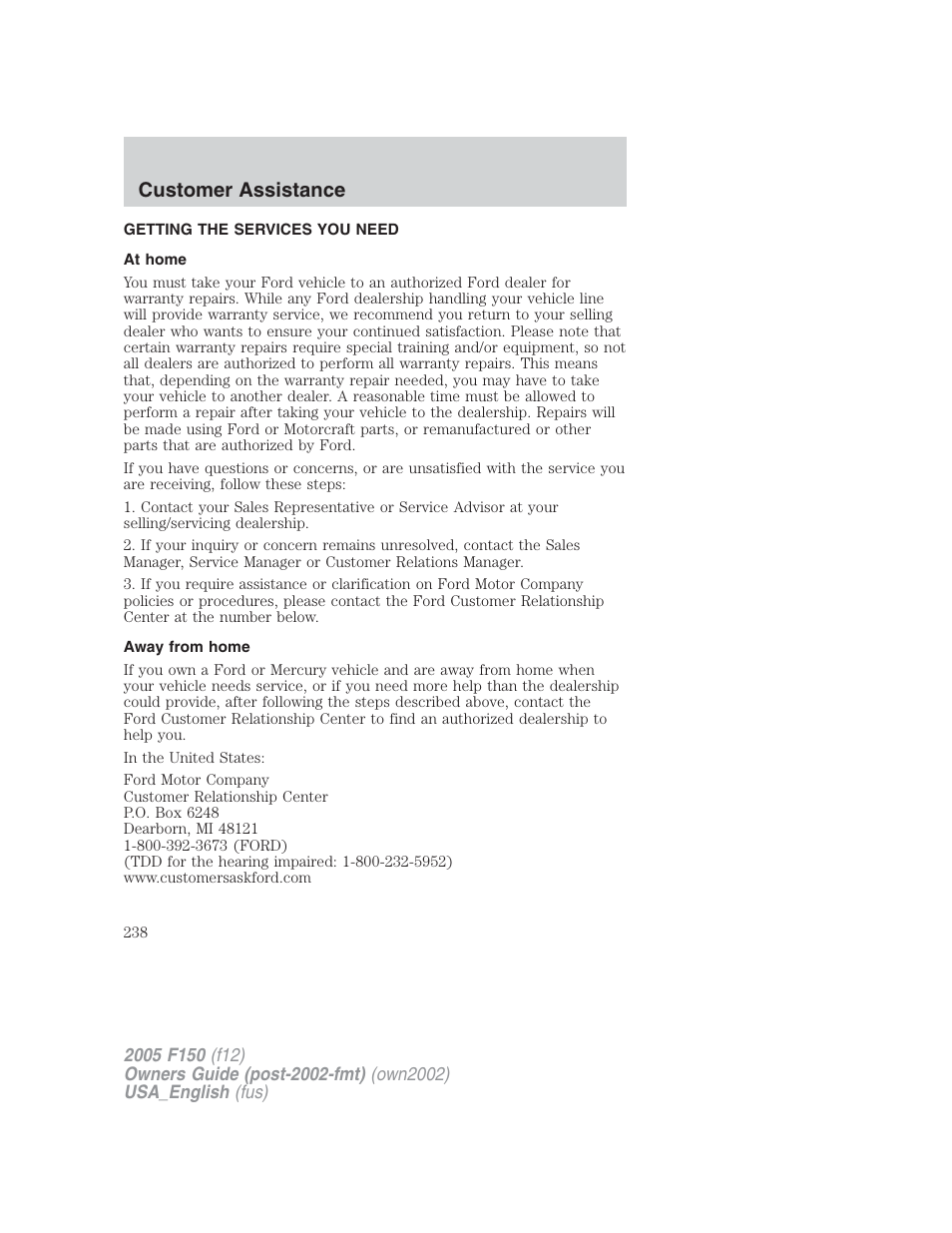 Customer assistance | FORD 2005 F-150 v.2 User Manual | Page 238 / 312