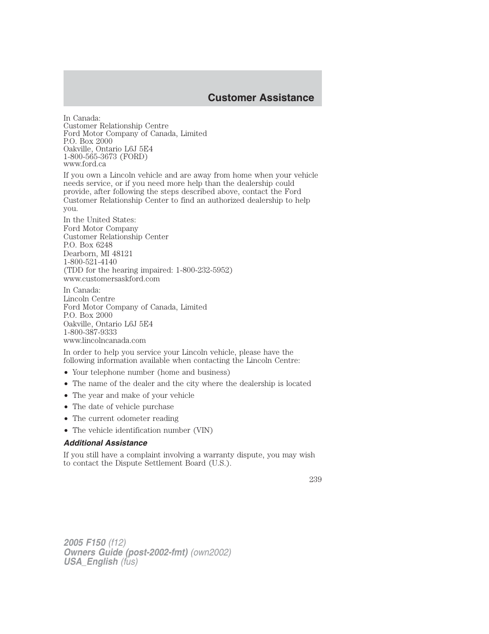 Customer assistance | FORD 2005 F-150 v.2 User Manual | Page 239 / 312