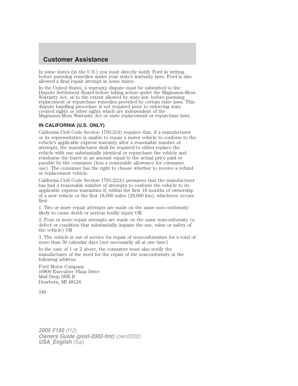 Customer assistance | FORD 2005 F-150 v.2 User Manual | Page 240 / 312