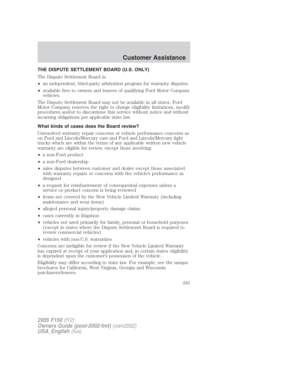 Customer assistance | FORD 2005 F-150 v.2 User Manual | Page 241 / 312