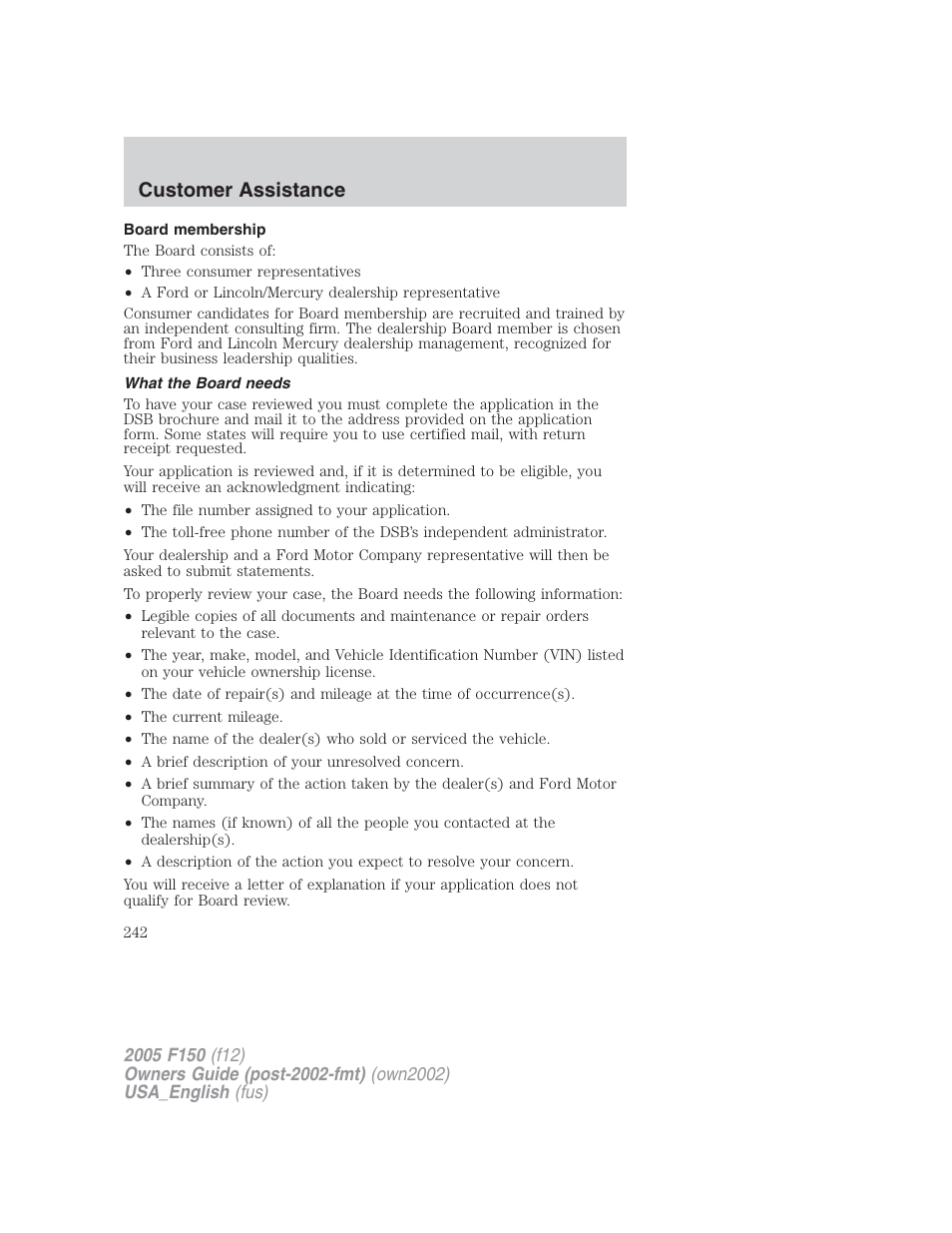 Customer assistance | FORD 2005 F-150 v.2 User Manual | Page 242 / 312