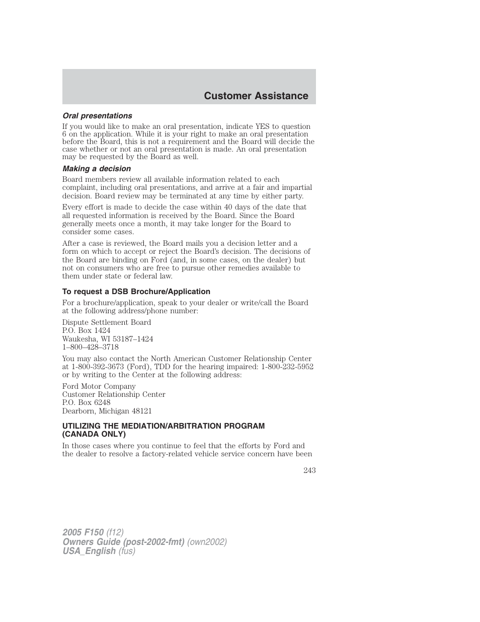 Customer assistance | FORD 2005 F-150 v.2 User Manual | Page 243 / 312