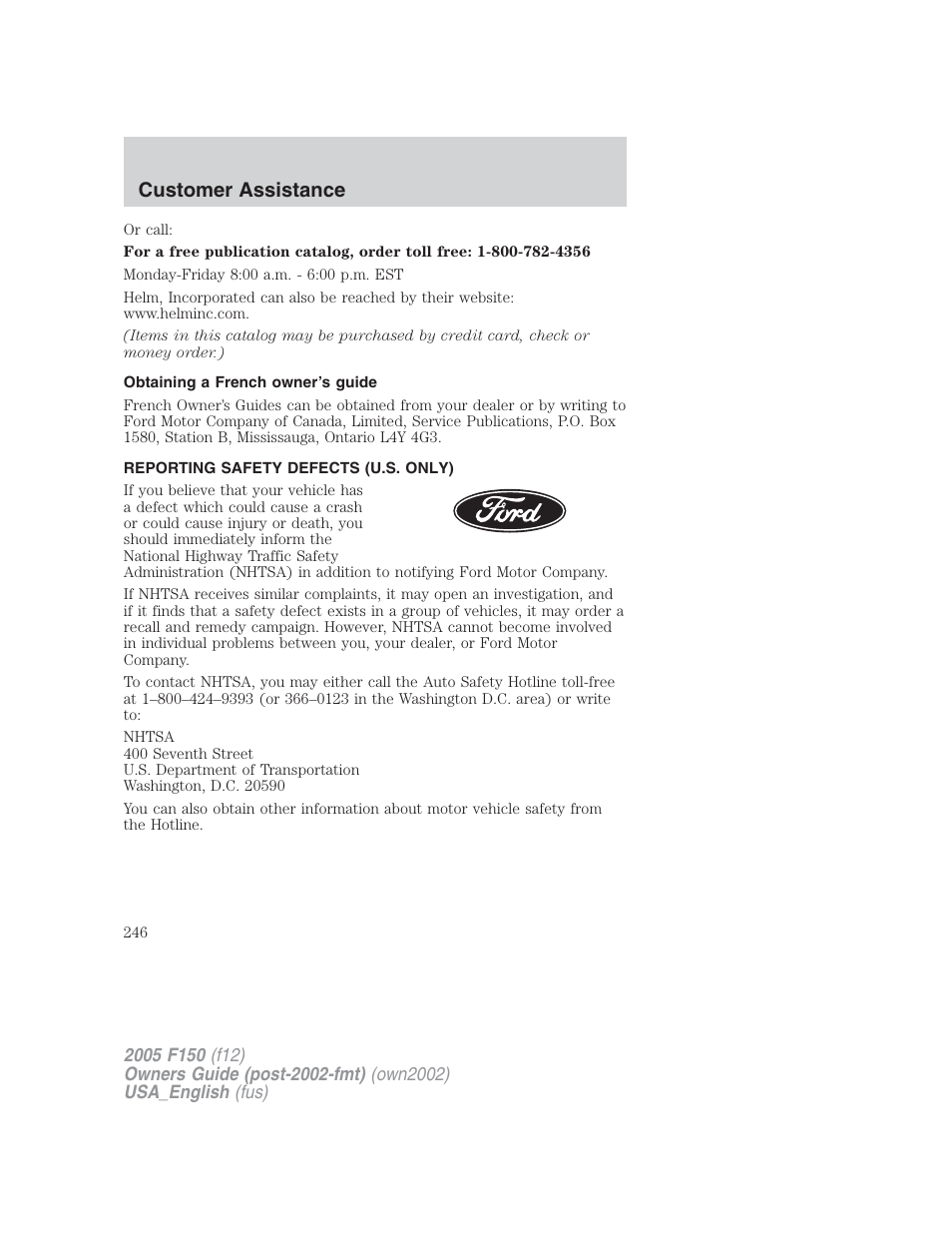 Customer assistance | FORD 2005 F-150 v.2 User Manual | Page 246 / 312