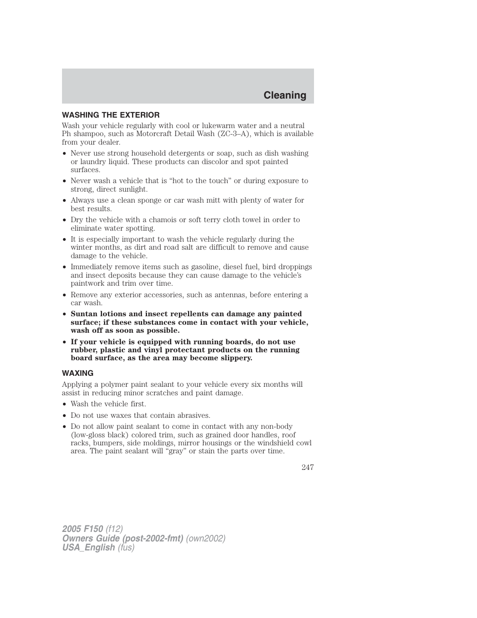 Cleaning | FORD 2005 F-150 v.2 User Manual | Page 247 / 312
