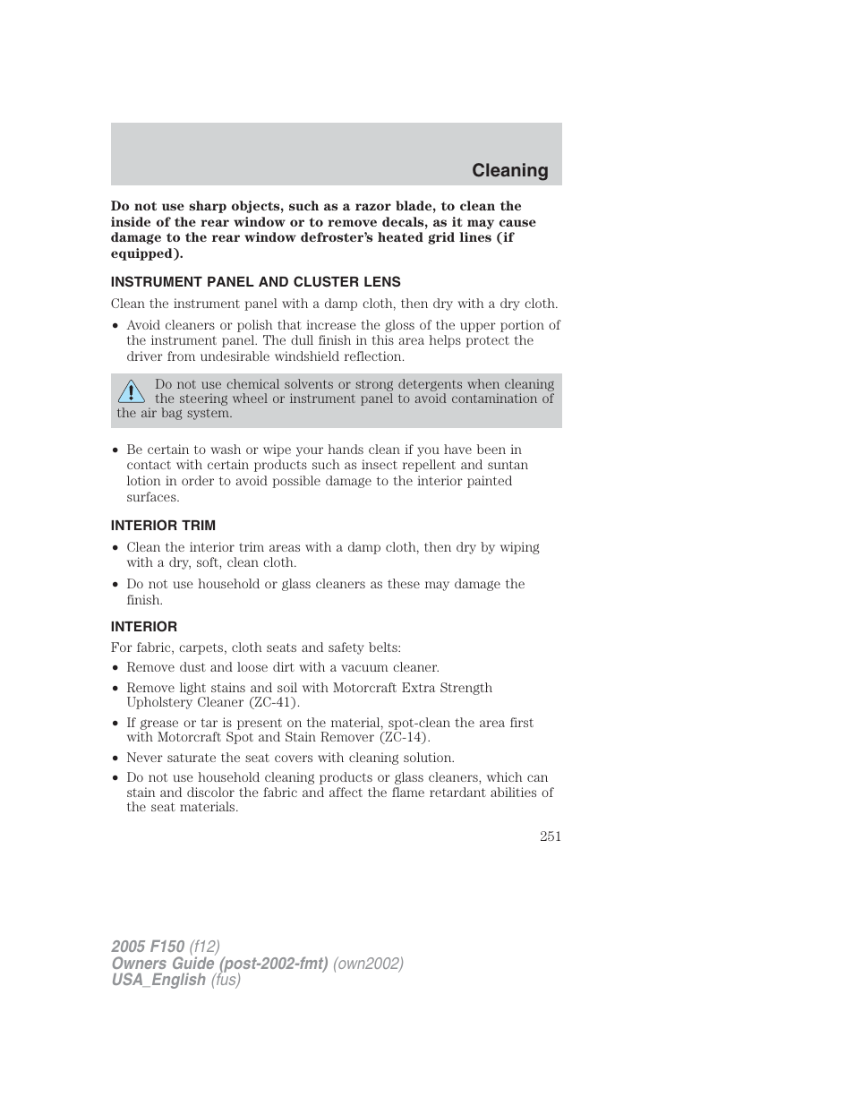 Cleaning | FORD 2005 F-150 v.2 User Manual | Page 251 / 312