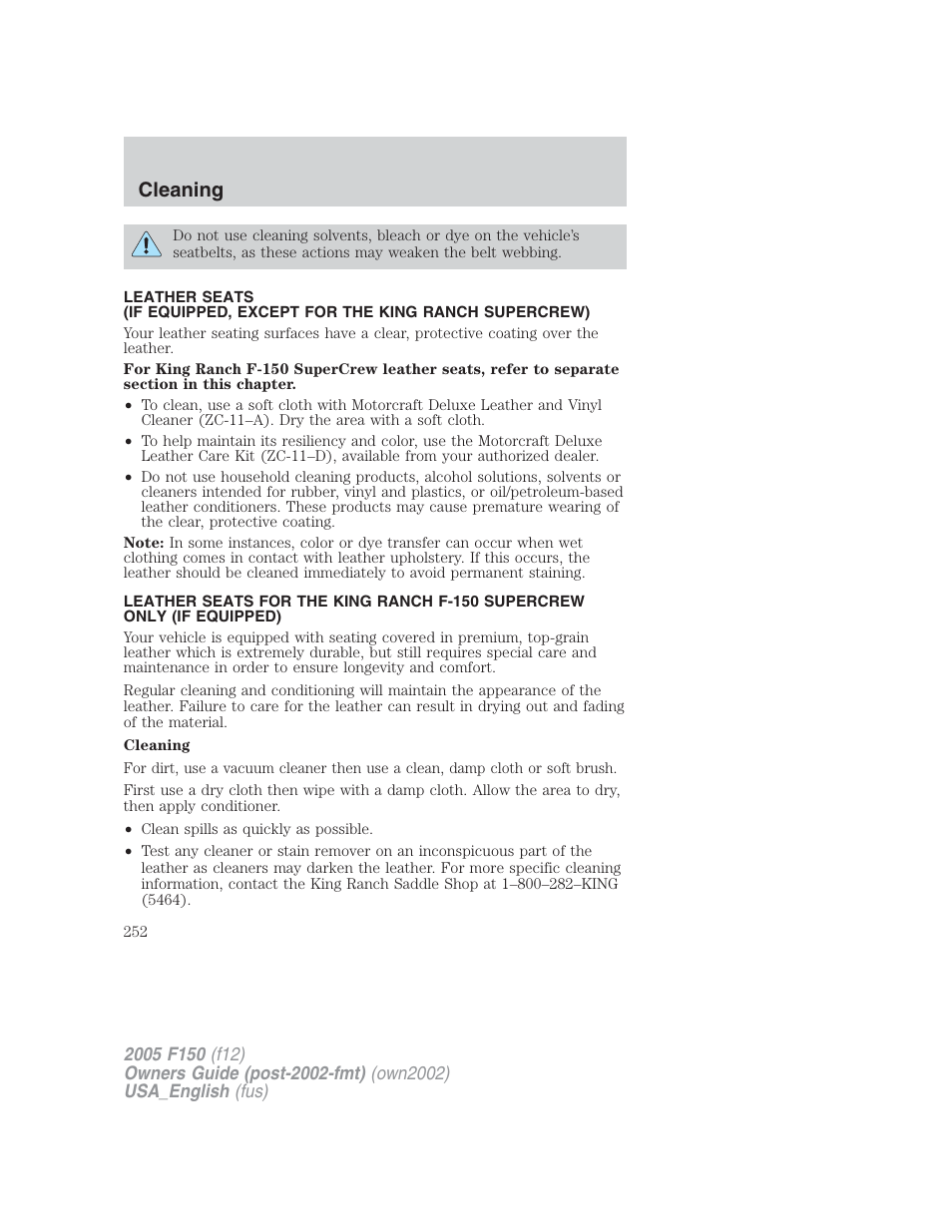 Cleaning | FORD 2005 F-150 v.2 User Manual | Page 252 / 312