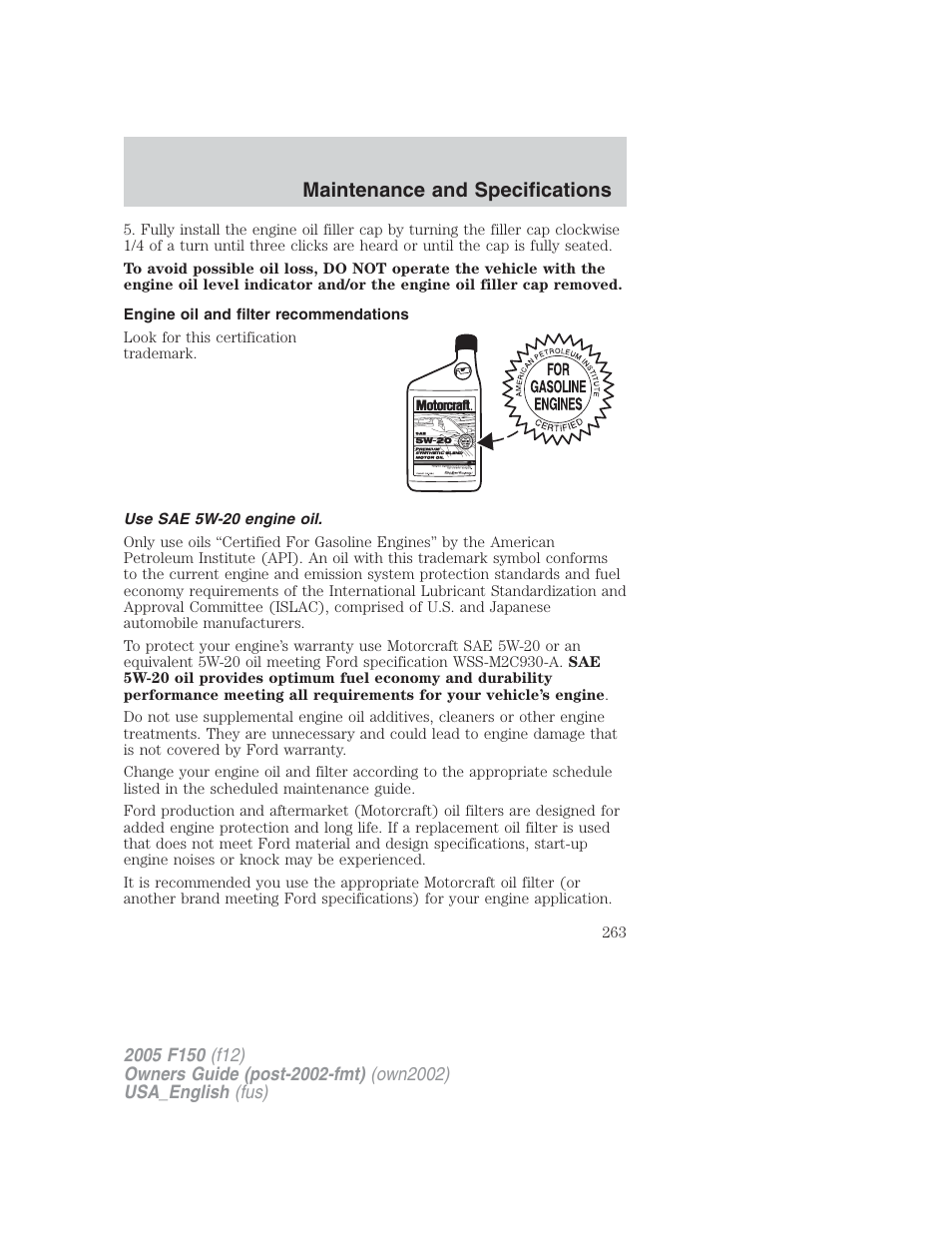 Maintenance and specifications | FORD 2005 F-150 v.2 User Manual | Page 263 / 312