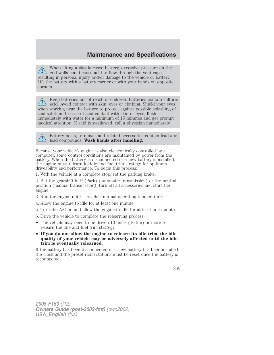 Maintenance and specifications | FORD 2005 F-150 v.2 User Manual | Page 265 / 312