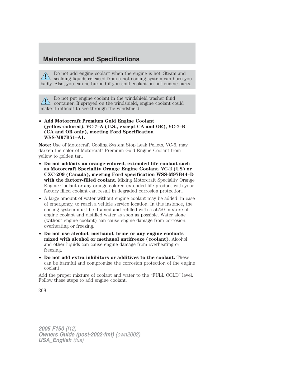 Maintenance and specifications | FORD 2005 F-150 v.2 User Manual | Page 268 / 312