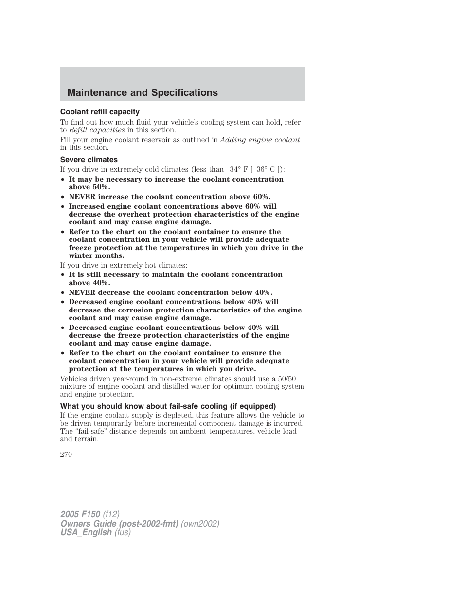 Maintenance and specifications | FORD 2005 F-150 v.2 User Manual | Page 270 / 312