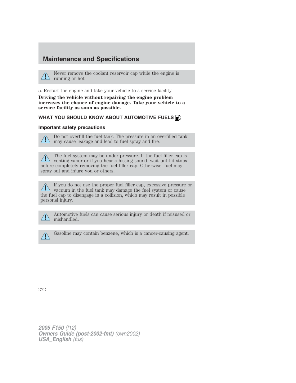 Maintenance and specifications | FORD 2005 F-150 v.2 User Manual | Page 272 / 312