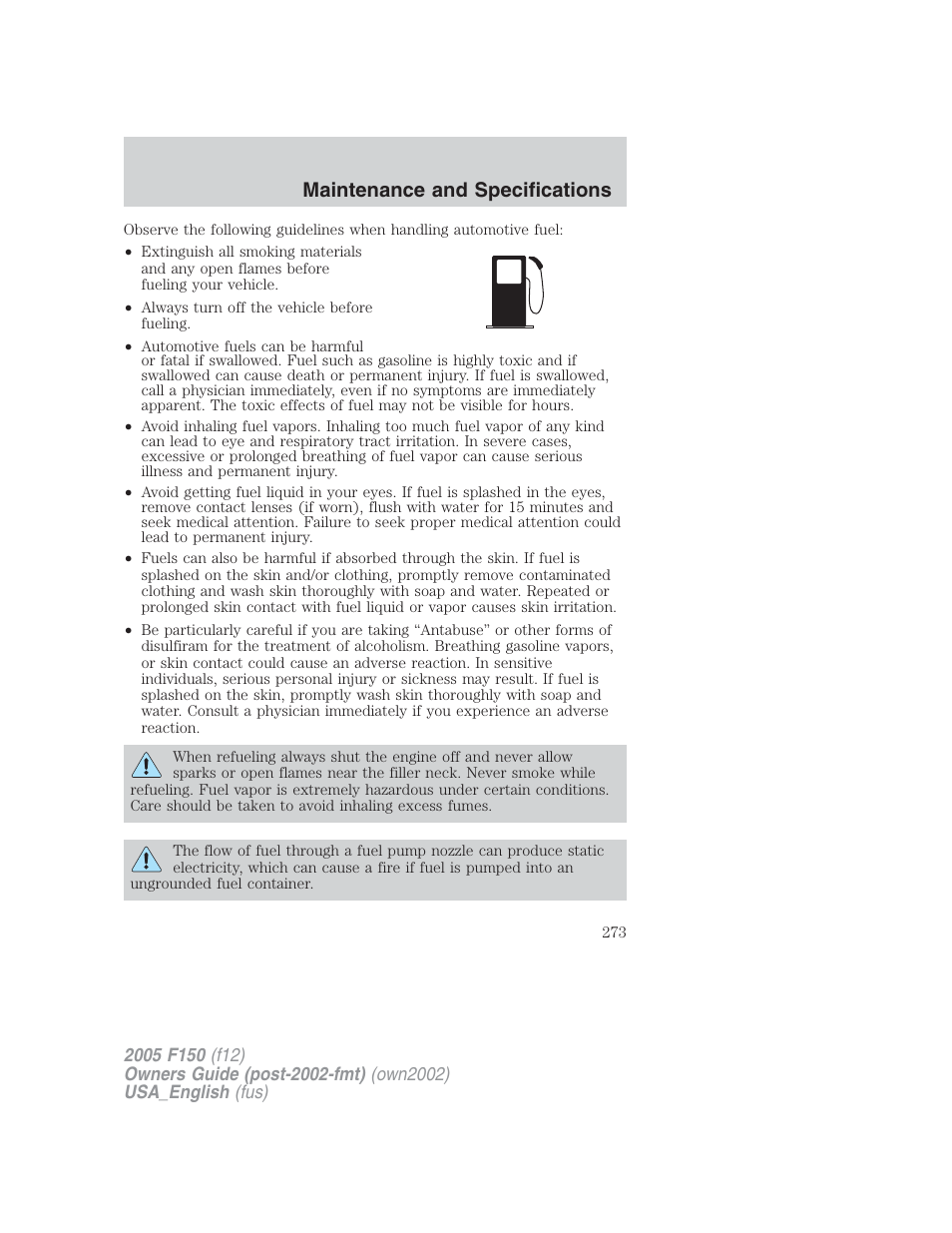 Maintenance and specifications | FORD 2005 F-150 v.2 User Manual | Page 273 / 312