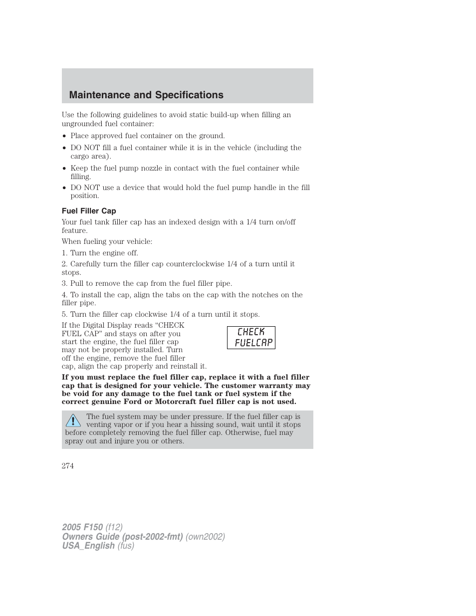 Maintenance and specifications | FORD 2005 F-150 v.2 User Manual | Page 274 / 312