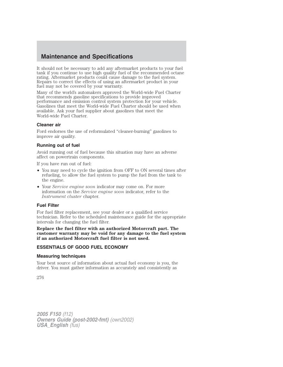 Maintenance and specifications | FORD 2005 F-150 v.2 User Manual | Page 276 / 312