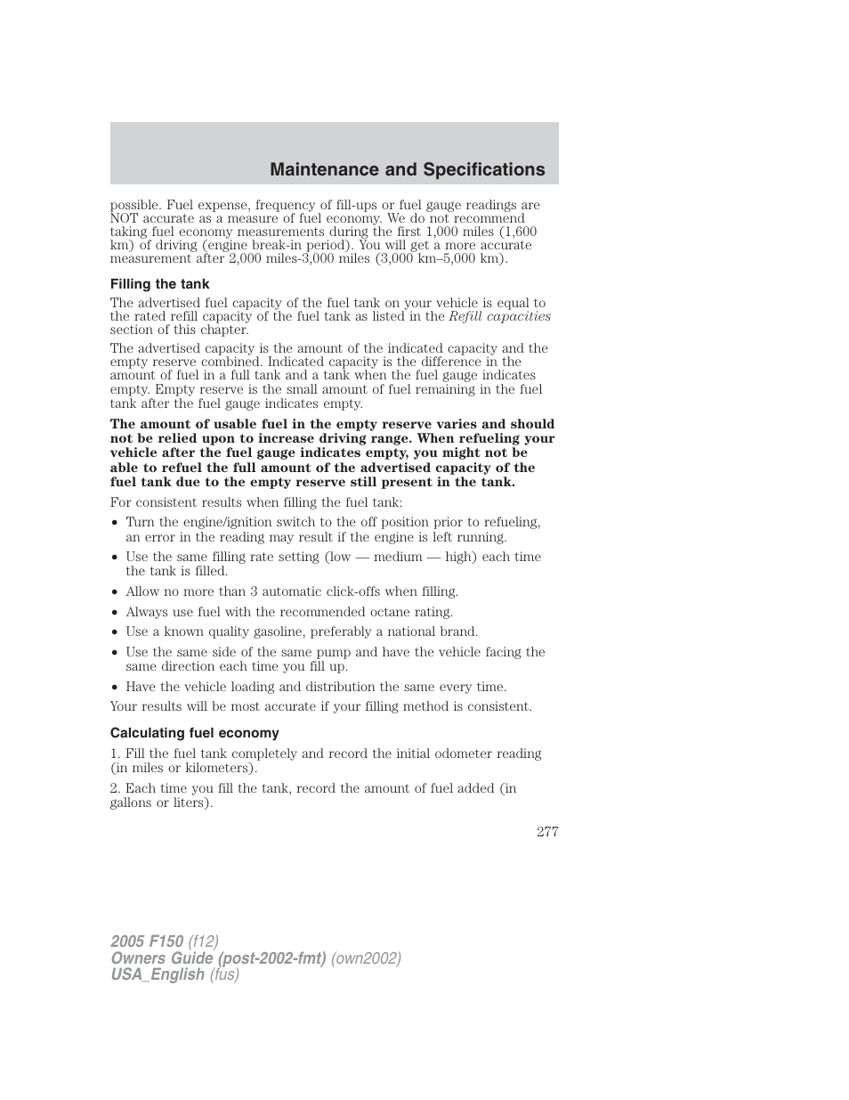 Maintenance and specifications | FORD 2005 F-150 v.2 User Manual | Page 277 / 312