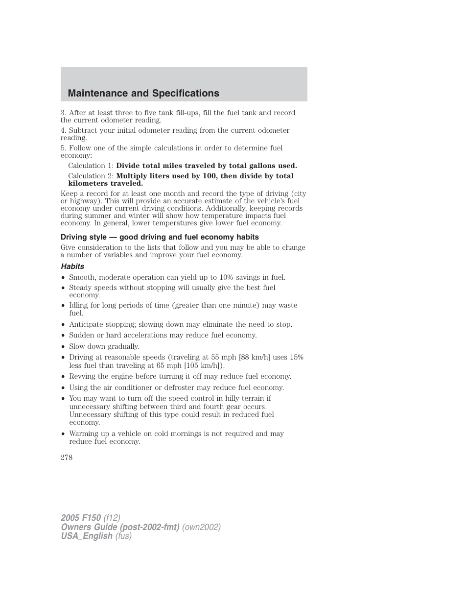 Maintenance and specifications | FORD 2005 F-150 v.2 User Manual | Page 278 / 312