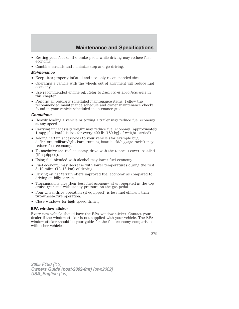 Maintenance and specifications | FORD 2005 F-150 v.2 User Manual | Page 279 / 312