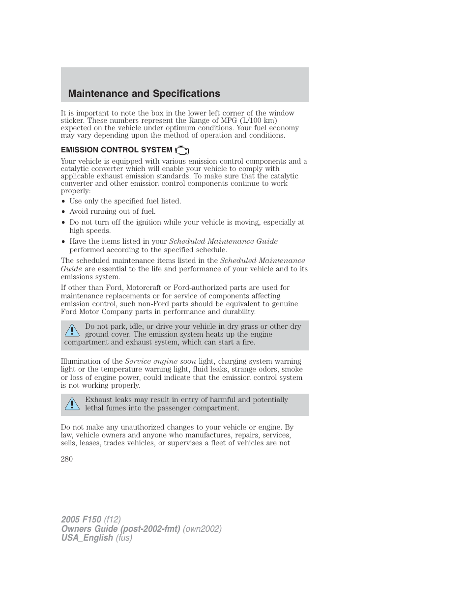 Maintenance and specifications | FORD 2005 F-150 v.2 User Manual | Page 280 / 312