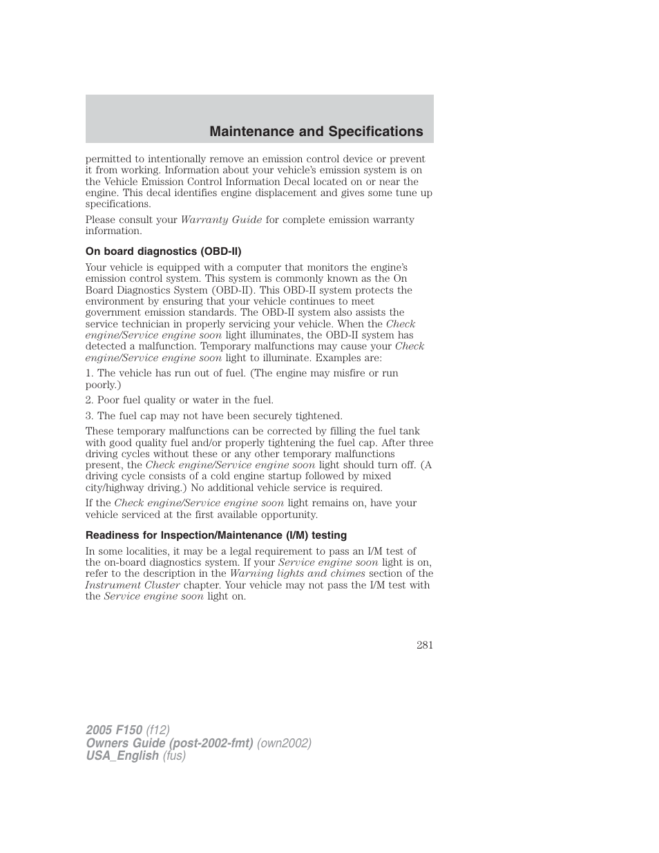Maintenance and specifications | FORD 2005 F-150 v.2 User Manual | Page 281 / 312