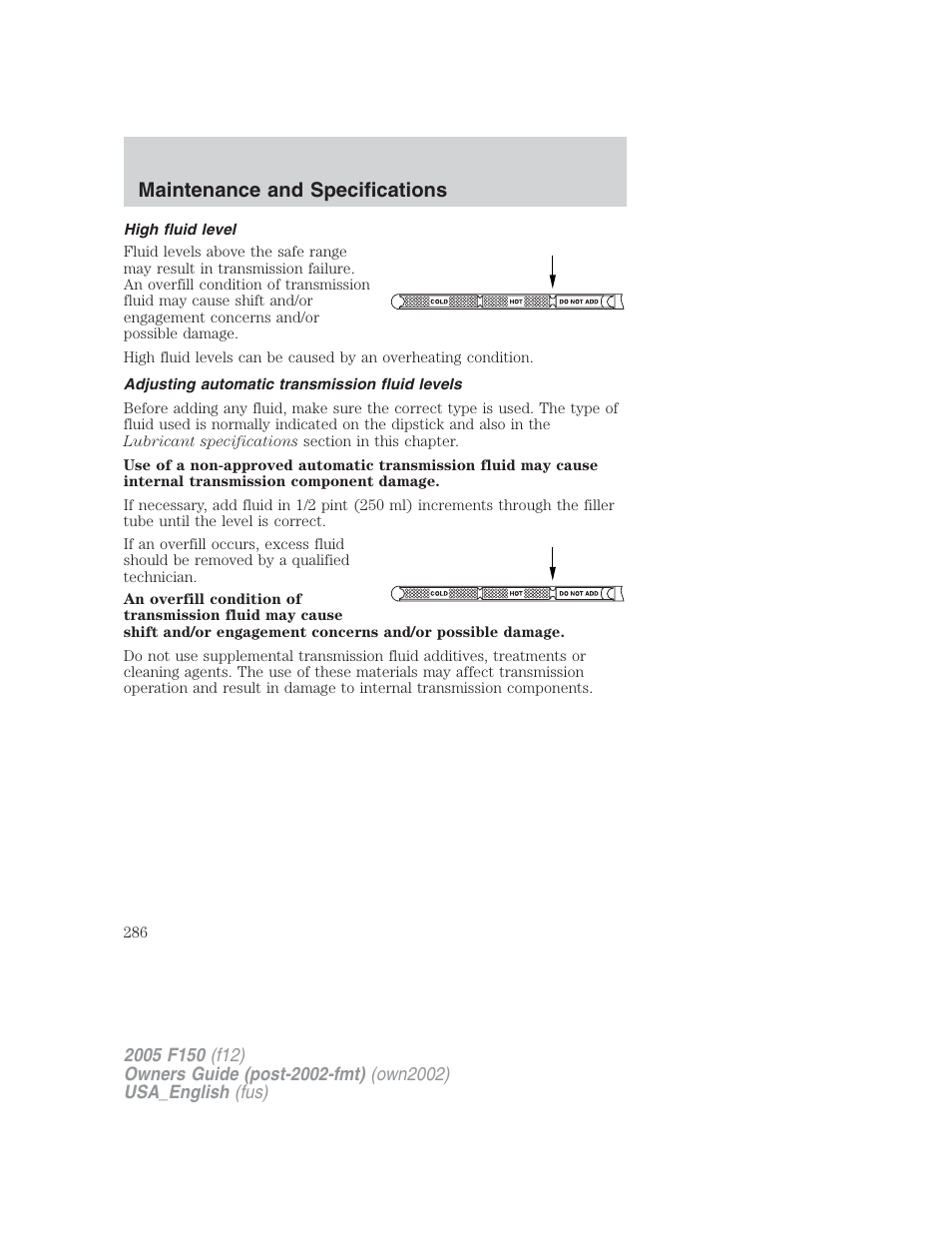 Maintenance and specifications | FORD 2005 F-150 v.2 User Manual | Page 286 / 312