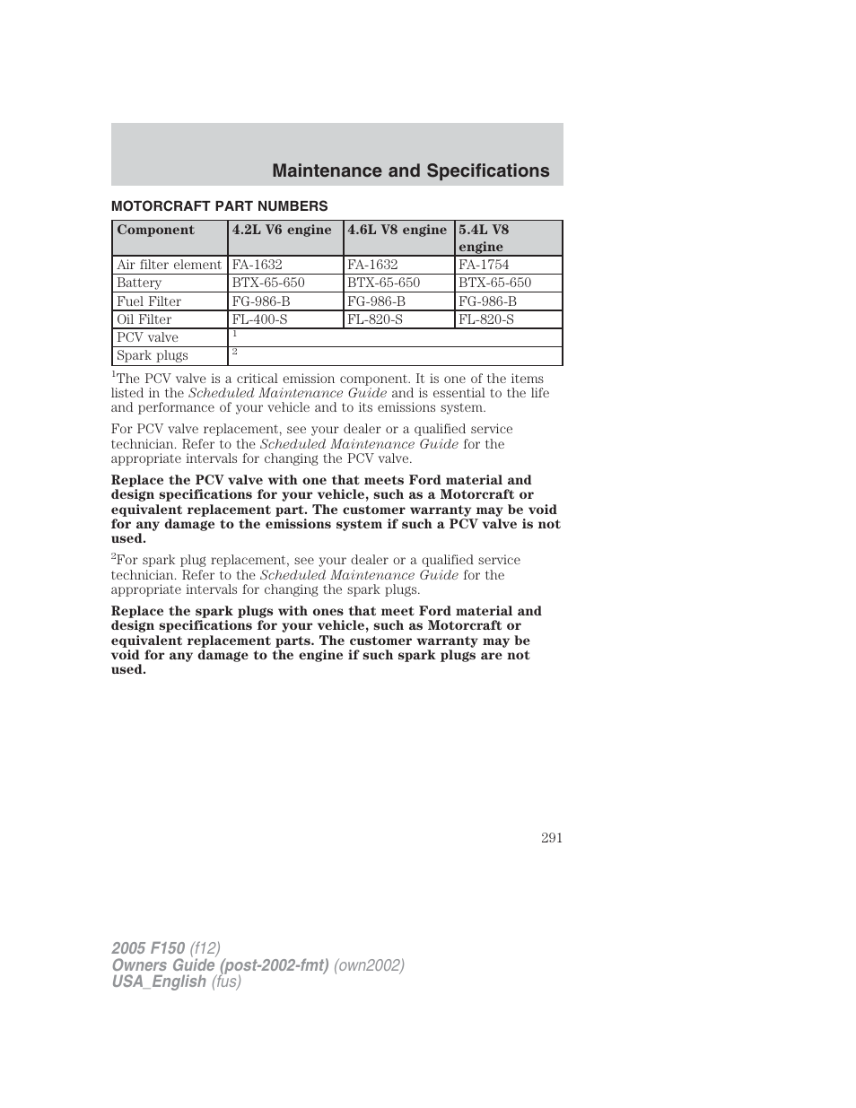 Maintenance and specifications | FORD 2005 F-150 v.2 User Manual | Page 291 / 312