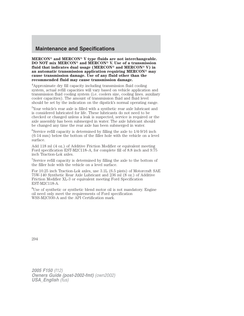 Maintenance and specifications | FORD 2005 F-150 v.2 User Manual | Page 294 / 312