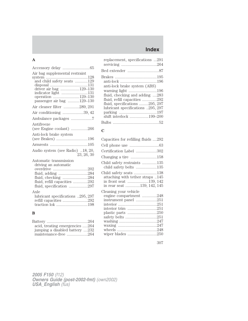 Index | FORD 2005 F-150 v.2 User Manual | Page 307 / 312